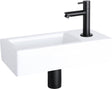 Differnz Helios-Brunnenset – 37,5 x 18,5 x 9,5 cm – rechteckig – 1 Hahnloch rechts – gerader mattschwarzer Wasserhahn – weiß