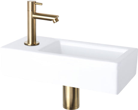 Differnz helios fonteinset 37,5x18,5x9 cm – wastafel keramiek wit – met koudwaterkraan links recht mat goud – fonteinset toilet – incl. sifon always-open afvoerplug – wandmontage