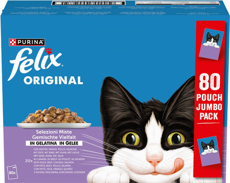 Felix Mix Auswahl in Gelee – Nassfutter für Katzen – Ente, Rind, Huhn, Lachs – 80 x 85 g