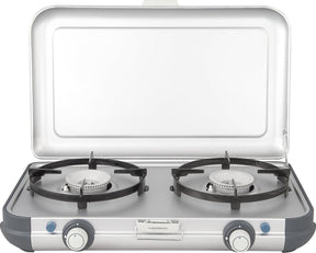 Campingaz Campingküche 2 CV PZ Campingkocher – 2 Brenner Camping-Gaskocher – 2 x 2000 Watt – Piezo-Zündung – funktioniert mit CV470+ Gaskartusche – leichter Campingkocher 2 Brenner – für 2 Pfannen von 24 cm – silbergrau