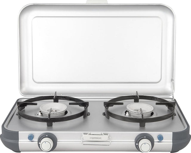 Campingaz Campingküche 2 CV PZ Campingkocher – 2 Brenner Camping-Gaskocher – 2 x 2000 Watt – Piezo-Zündung – funktioniert mit CV470+ Gaskartusche – leichter Campingkocher 2 Brenner – für 2 Pfannen von 24 cm – silbergrau