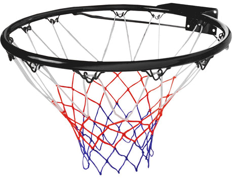 Engelhart Basketballring schwarz – inklusive Netz rot weiß blau – Wandmontage – Durchmesser ø 46 cm – Freizeit-Basketballring – Indoor-Outdoor-Einsatz –
