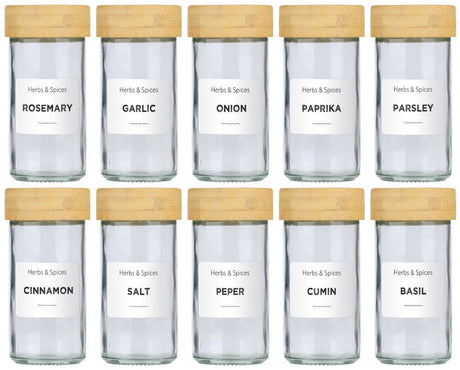 Alpina kruidenpotjes set van 12 - inclusief kruiden stickers en strooideksels - glazen potjes met deksel - keuken organizers - bamboe