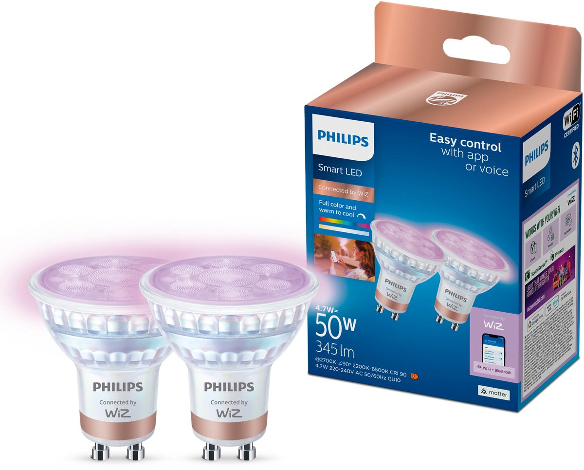 Philips smart lighting - spot 2-pack - slimme led verlichting - gekleurd en wit licht - gu10 - 50w - wi-fi