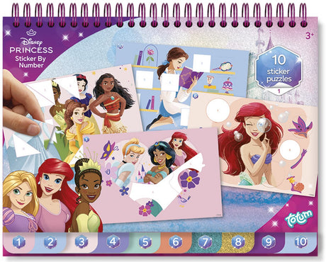 Totum Disney Princess Aufkleberpuzzle – Aktivitätsbuch – Aufkleber nach Zahlen – 10 Puzzles, 5 Aufkleberbögen und 10 Malseiten – Spielzeug für Kinder – Basteln – für Mädchen – auch für Kleinkinder – ab 3 Jahren –
