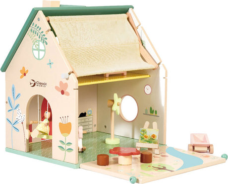 Klassisches Holzpuppenhaus mit Garten, 10dlg.