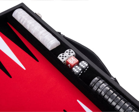 Engelhart backgammon 18 inch - rood, zwart wit ingelegd bord - luxe kunstlederen koffer met handvat -