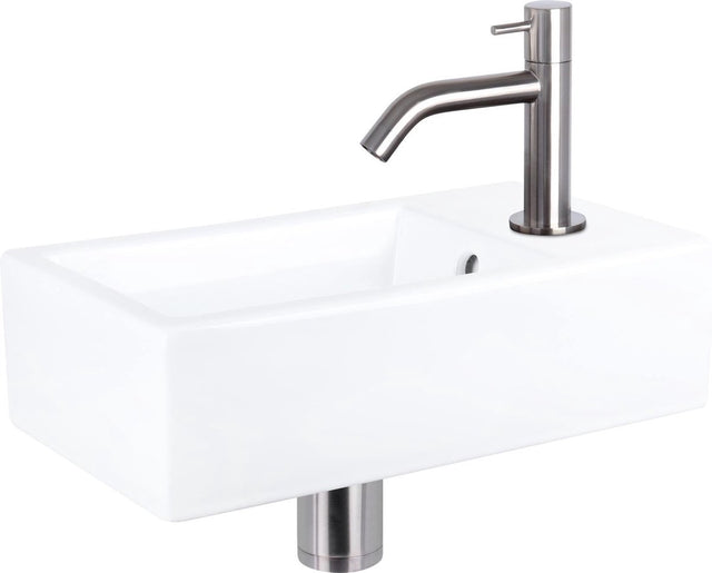 Differnz Force Brunnenset - Keramik - Wasserhahn gebogen matt verchromt - 40 x 22 x 11,5 cm