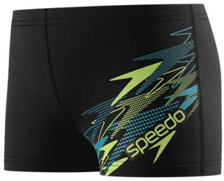 Speedo medley logo aquashort jongens - zwembroek jongens met vormvaste pasvorm - zwemshort jongens met voering - sportzwembroek kids met trekkoord - zwart groen - 140