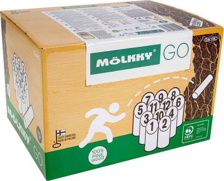 Tactic Mölkky Go – Fang- und Wurfspiel – Original finnisches Holzwurfspiel in praktischer tragbarer Box – nachhaltiges Kiefernholz – mit kostenloser Punkte-App