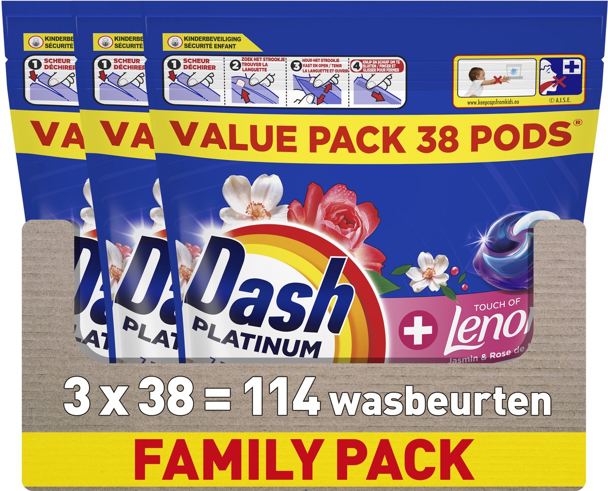 Dash Platinum Waschmittelkapseln® – Jasmin und Rose de May – 3 x 38 Waschgänge