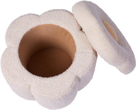 Blumenpouf von Childhome mit Stauraum – 2-in-1-Sitzpouf und Spielzeugkiste mit Deckel – weicher Teddystoff in Ecru und Hellgelb – kompakte Größe für jede Ecke des Spielzimmers – leicht – 35 x 35 x 32 cm