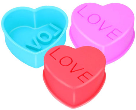 Alpina Backform Herz – Set à 6 Stück – Backform aus Silikon – ofenfest und flexibel – Blau, Lila und Rot – Größe 8 x 7,5 x 3,1 cm – Muffinform mit Aufschrift „Love“.