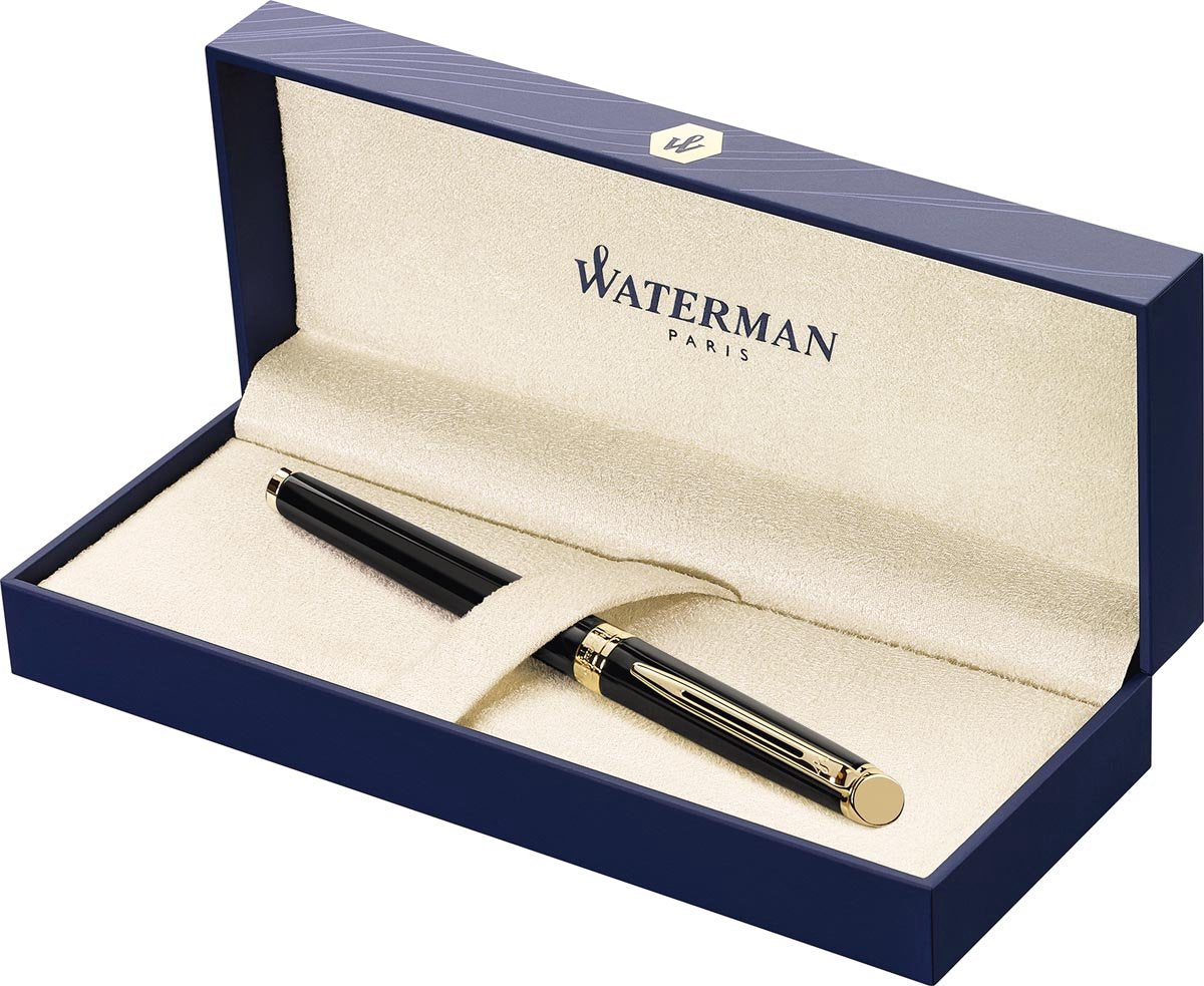 Waterman Hemisphere Tintenroller | glänzendes Schwarz mit 23-karätigem Goldbesatz | feiner Punkt | schwarze Tinte | Geschenkverpackung