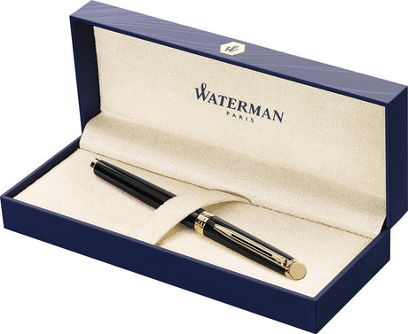 Waterman Hemisphère-Füllfederhalter | glänzendes Schwarz mit 23-karätigem Goldrand | feine Feder | blaue Tinte | Geschenkverpackung