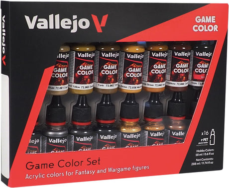 Vallejo Hobbyfarbe Acrylfarbe – 72189 Leder- und Metallfarben für Fantasy und Wargames – Spielfarbe – Acryl-Set – 16x Farbset – 16x 18 ml