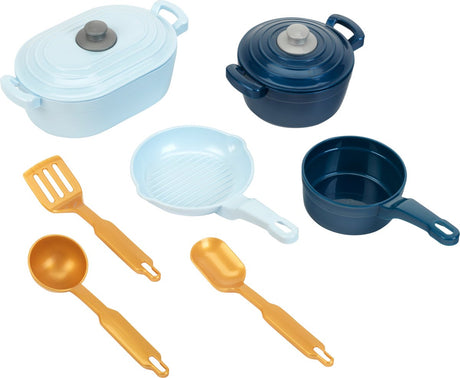 Klein Toys Kochutensilien – Schöpfkelle, Pfannenwender, Kochlöffel, Grillpfanne, Kochtopf, Topf, Bratpfanne mit Deckel – mehrfarbig