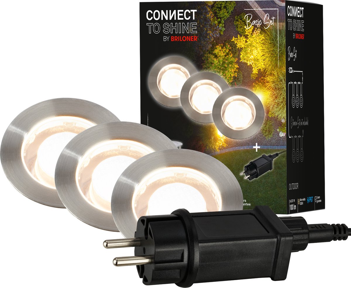 Briloner connect to Shine – LED-Bodenstrahler für den Außenbereich – 3er-Set – Gartenbeleuchtung-Erweiterungsset – warmweißes Licht – IP67 – ø4,5 x 2,5 cm – 1,5 m Kabel