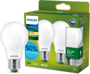 Philips led philips ultra efficient led lamp mat - 60 w - e27 - warmwit licht - 2-pack - bespaar op energiekosten