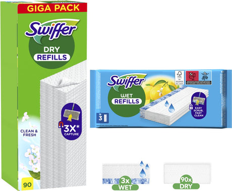 Swiffer Bodenreiniger, Trockentücher, 90 Stück + Feuchttücher, 3 Stück