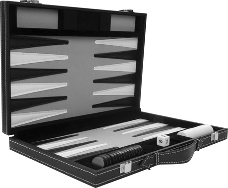 Longfield backgammon 15 inch - grijs, zwart wit gestikt bord - kunstlederen koffer met handvat - engelhart