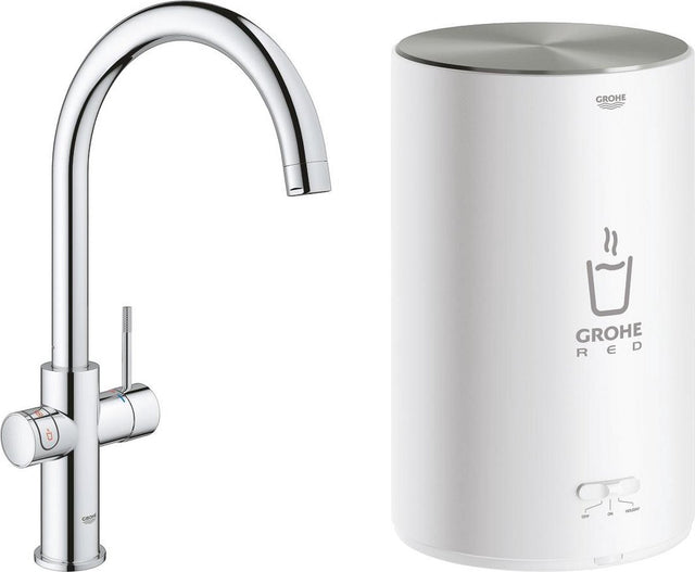 Grohe roter kompakter 3-in-1-Kochwasserhahn – C-Auslauf – 4-Liter-Boiler – Chrom