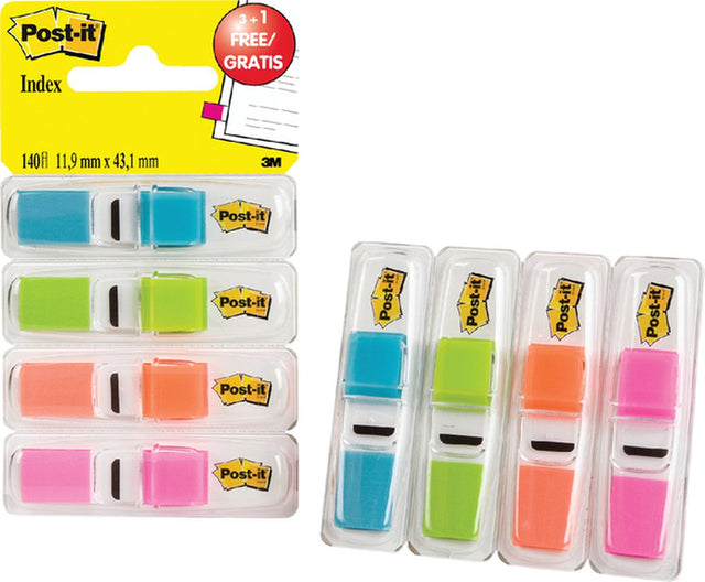 Post-it ® kleine indextabs in een plastic dispenser, gemengde kleuren, 3x35 verpakking, + 35 gratis kleine indextabs