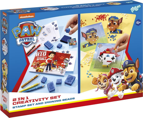 Totum Paw Patrol 2-in-1-Bastelset zum Stempeln, Färben, Bügeln von Perlen mit Chase und Marshall-Geschenktipp, kreatives Spielzeug