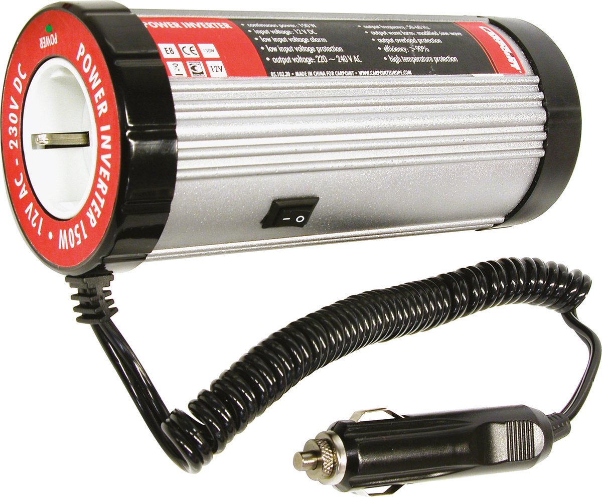 Carpoint Wechselrichter 12 V auf 230 V – 150 W 300 W Spitze – Getränkehaltermodell – mit Sicherheit – Zigarettenanzünder – kompakt