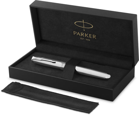 Parker Sonnet Ciselé Special Edition Füllfederhalter, Kappe, Schaft und Details mit Palladium-Finish, feine Feder aus 18-karätigem Massivgold, schwarze Tinte und Konverter
