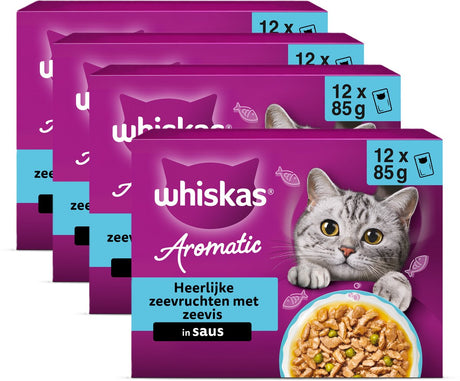 Whiskas Katzenfutter – Erwachsene 1+ – aromatische, köstliche Meeresfrüchte in Soße – 48 x 85 g