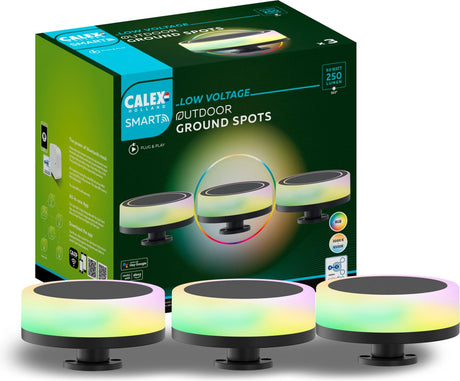 Calex intelligente 24-V-Gartenbeleuchtung für den Außenbereich – Set mit 3 Wegeleuchten – intelligenter Bodenstrahler – RGB und warmweißes Licht – Schwarz