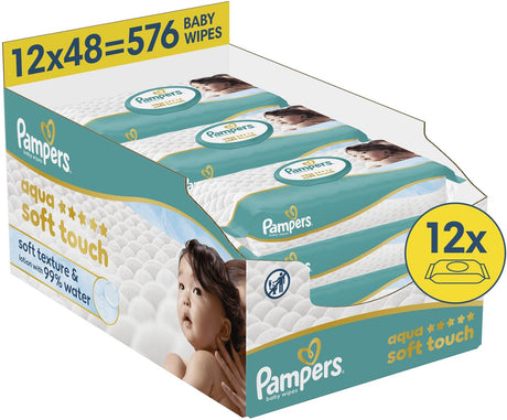 Pampers Aqua Soft Touch – Babytücher – Lotion mit weicher Textur und 99 % Wasser – 12 Packungen mit 48 Tüchern = 576 Babytücher (Ersatz für Harmony Aqua Babytücher)
