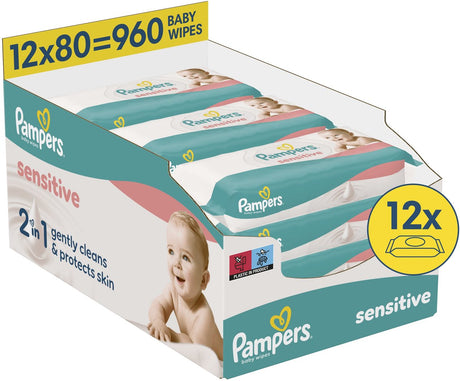 Pampers sensitive – Babyfeuchttücher – 2 in 1 reinigt sanft und schützt die Haut – 12 Packungen à 80 Tücher = 960 Babyfeuchttücher