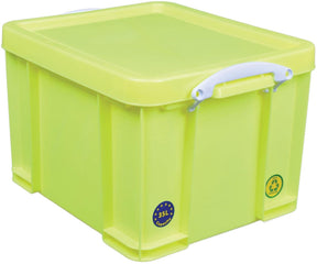 Wirklich nützliche Box-Aufbewahrungsbox 35 Liter | neongelb mit weißen Griffen