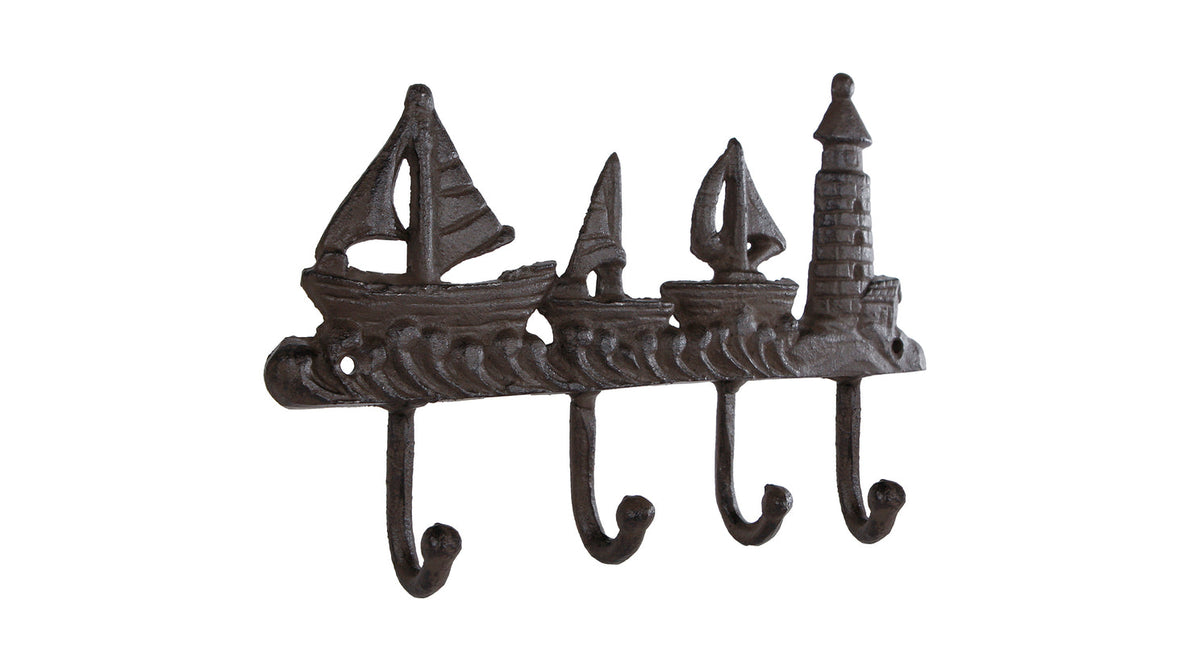 Wandhaak port 4 haken oud bruin metaal 25,5x16,5x4cm