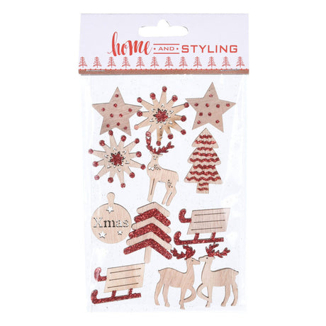 Weihnachtsaufkleber aus Holz mit Glitzer, 12 Stück.