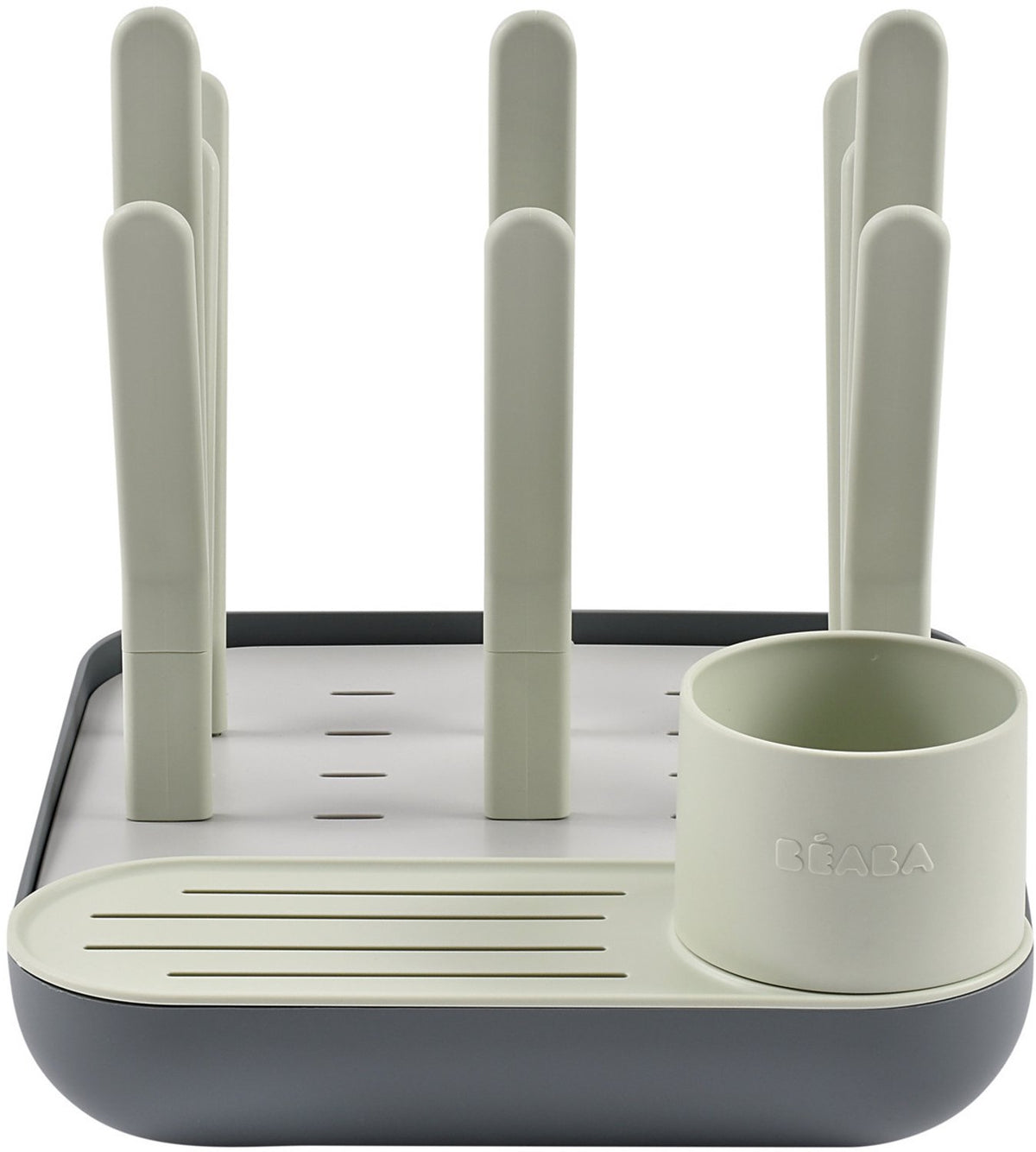 Béaba Forest Flaschenregal – modularer Abtropfständer für 6 große Babyflaschen und Zubehör – verstellbare Zweige und separater Topf für Strohhalme und Besteck – abnehmbarer Boden für schnellen Wasserabfluss – recycelter Karton – grüngrau