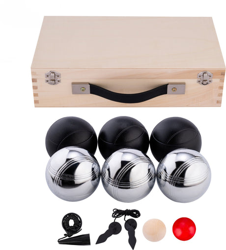 Engelhart Boule-Spiel aus Metall – 6 Kugeln in Holzbox – Schwarzgrau – Luxus-Set – Pétanque – Boule – Metallkugeln – passend für jeden Boule-Platz – Langfeld
