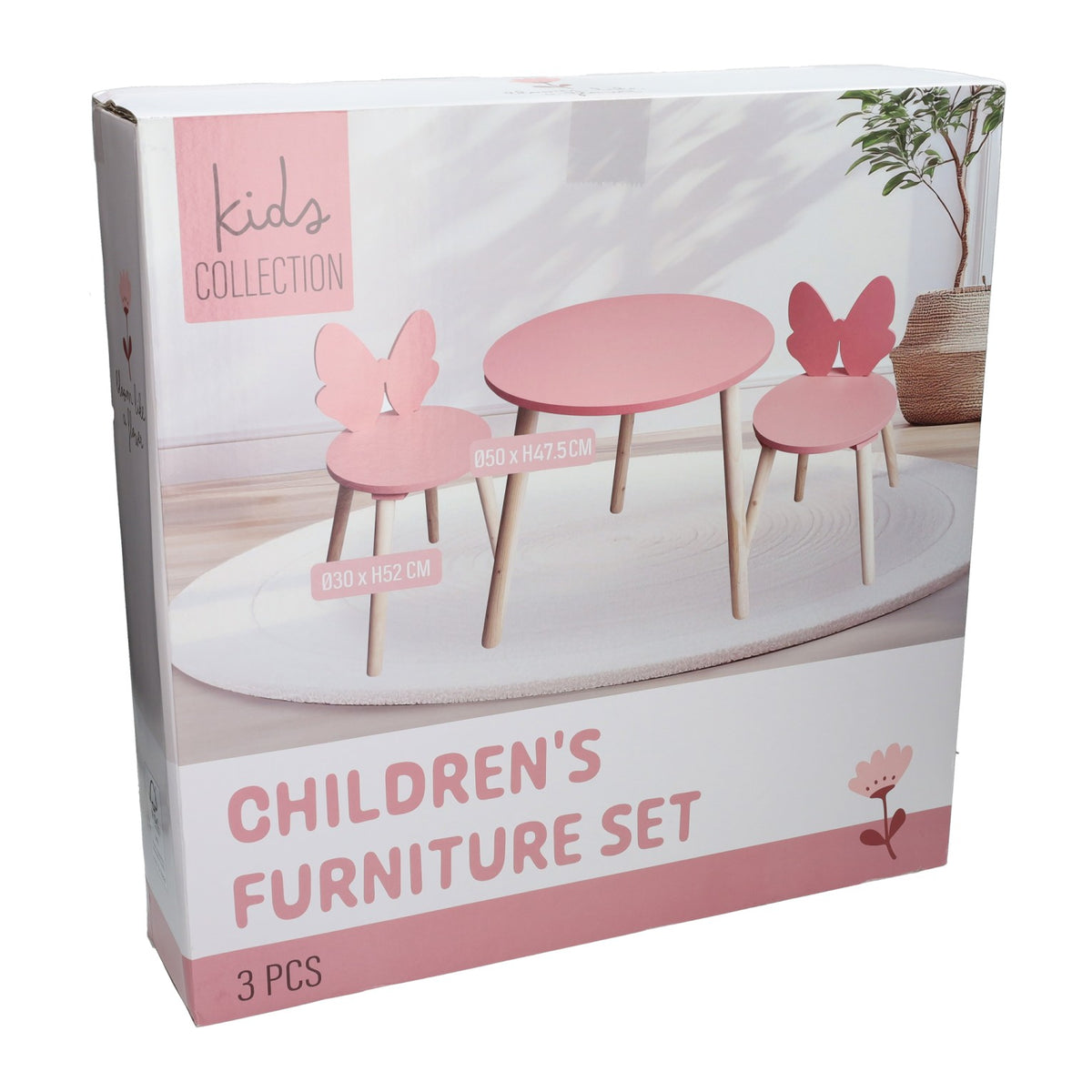 Houten set tafeltje met 2 stoelen vlinder - roze