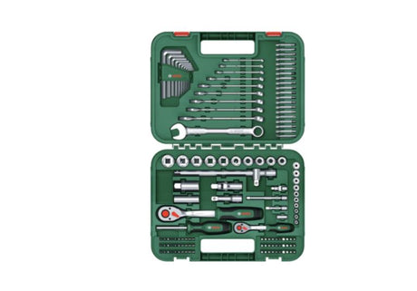 Bosch grüner Befestigungssatz 132-teilig (1 2 Ratsche, 1 4 Ratsche, Universal-Bit-Schraubendreher, Torx-Schlüsselsatz 10-teilig, 10x Maul-Ringschlüssel, 20x Bit (50 mm), 60x Bit (25 mm) – 1600a02z9b