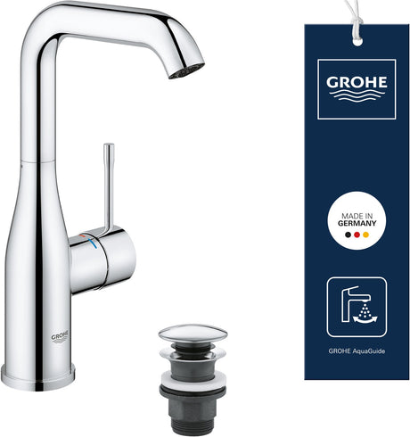 Grohe Essence Waschtischarmatur – hoher schwenkbarer Auslauf – mit Klick-Ablaufgarnitur (Push Open) – wassersparend