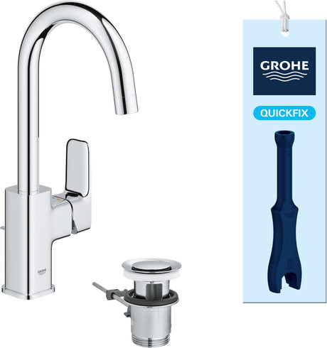 Grohe Dice L-Size-Waschtischmischer – mit Ablaufgarnitur – Energieeinsparung(en) – schwenkbarer Auslauf – Chrom