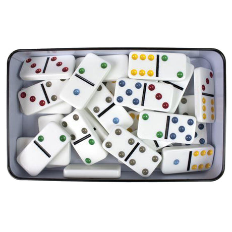 Tactic Domino Double Six – Brettspiel – Luxusdose – klassisches Dominospiel mit farbigen Steinen – ab 7 Jahren – 2 oder mehr Spieler