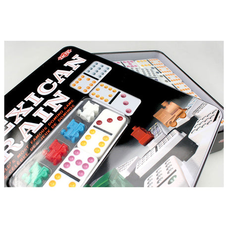 Tactic Domino Mexican Train – Brettspiel – Luxusdose – weltberühmtes Dominospiel mit farbigen Steinen – 2 bis 8 Spieler – ab 7 Jahren