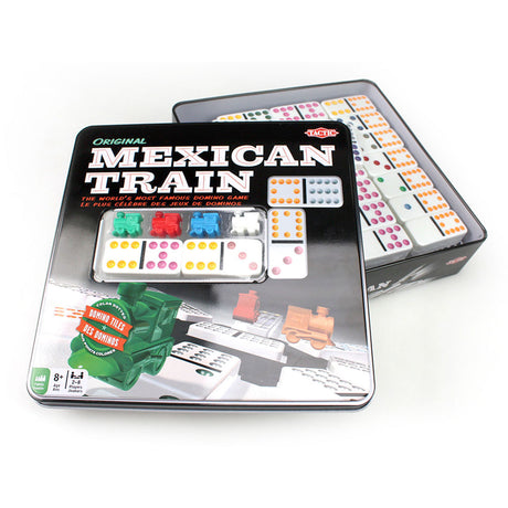 Tactic Domino Mexican Train – Brettspiel – Luxusdose – weltberühmtes Dominospiel mit farbigen Steinen – 2 bis 8 Spieler – ab 7 Jahren