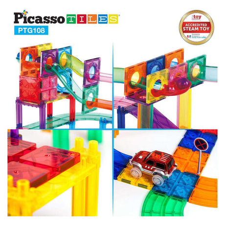 Selecta Picasso-Kugelbahn und Rennstrecke – magnetische Bauplättchen – 108 Stück.