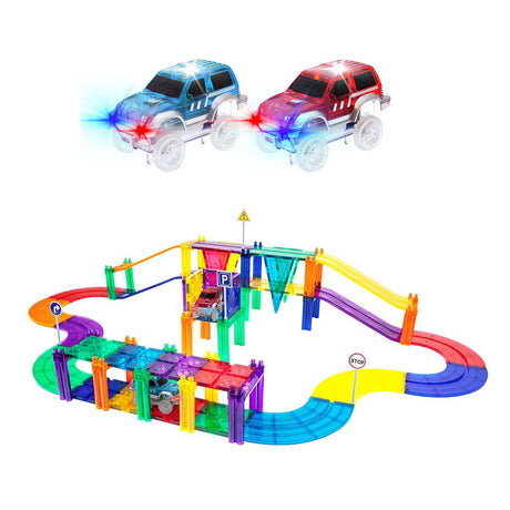Picasso-Plättchen Taktik – Konstruktionsspielzeug – Magnetplättchen – Magnetplättchen – Rennstrecke – Stielspielzeug – Magnetische Rennstrecke mit 2 LED-Autos – 50 Stück – ab 3 Jahren