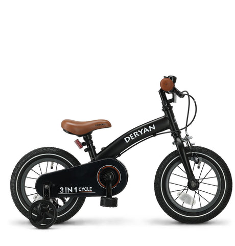 Deryan luxe kinderfiets 12 inch - 3 in 1 - loopfiets - zwart