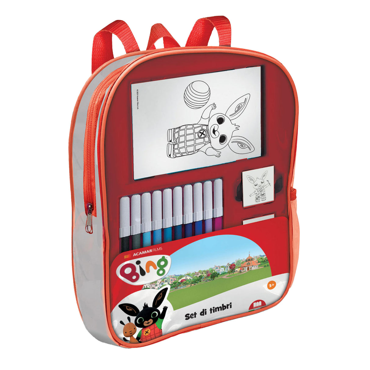 Multiprint -Bing -Rucksack mit Briefmarken und Filzstiften